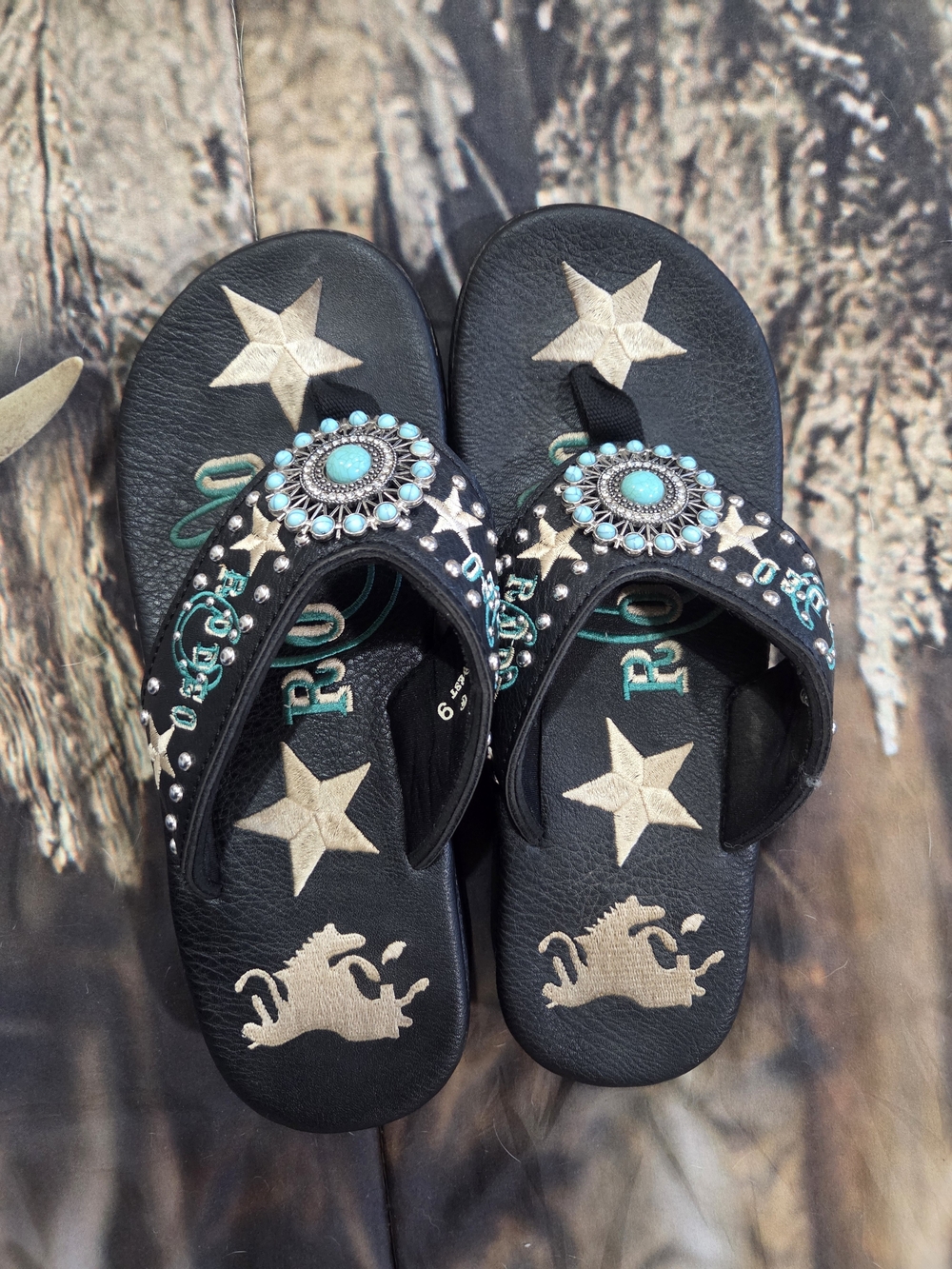 Montana West Black & Teal  Wedge Sandals RODEO Bling 9